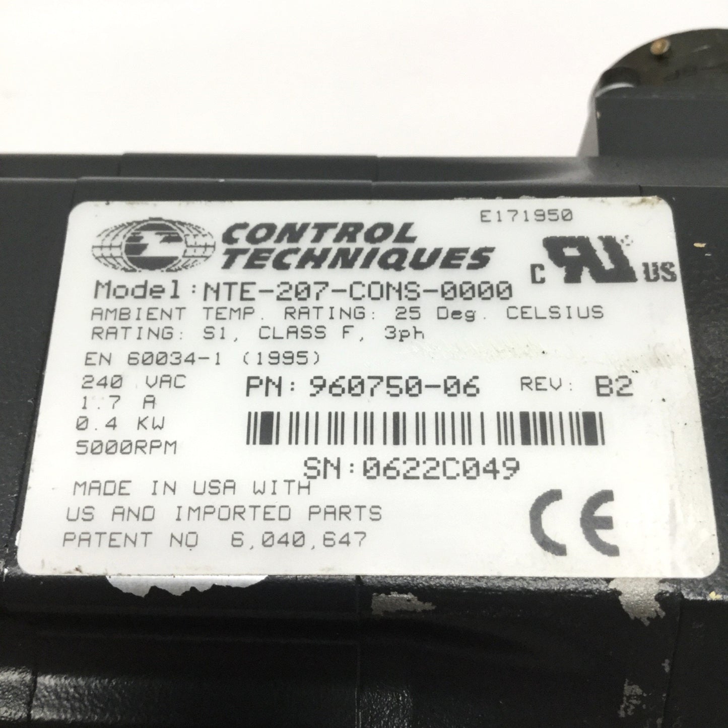 Used Control Techniques NTE-207-CONS-0000 Servo Motor, NEMA 23, 240VAC, 1.7A, 5000RPM