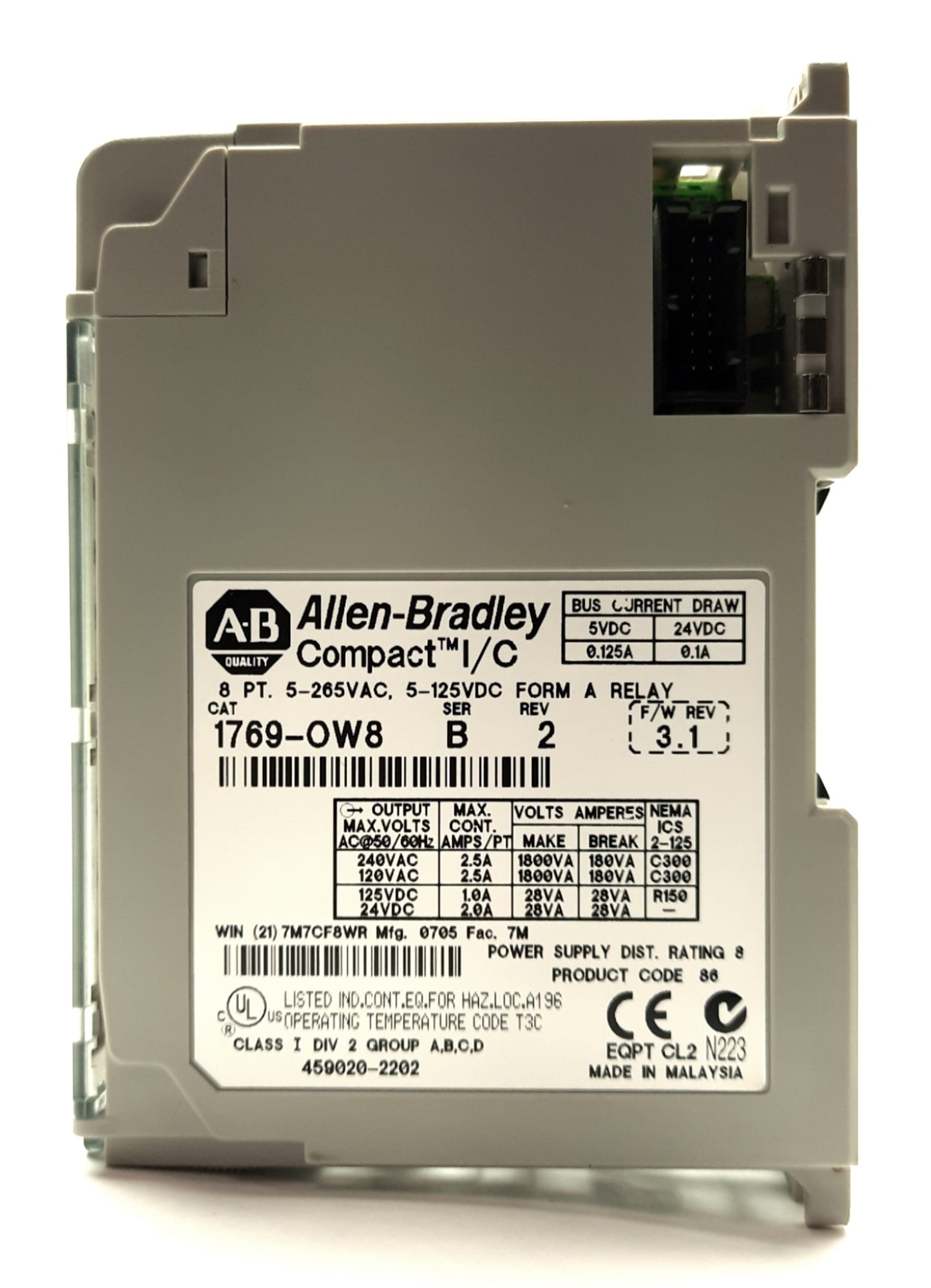 Used Allen Bradley 1769-OW8 Series B I/O Relay Output Module 8-Point NO 265VAC/125VDC