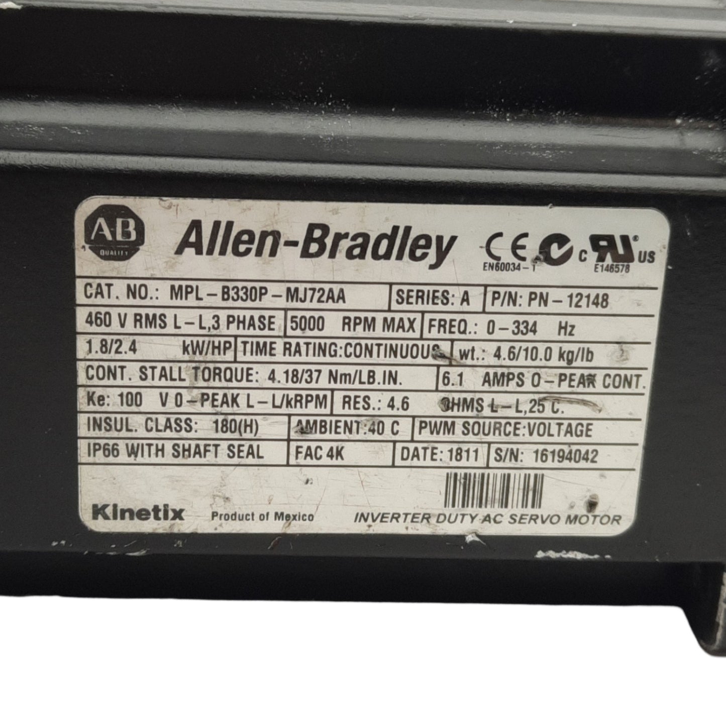Used Allen Bradley MPL-B330P-MJ72AA Servo Motor, 480V AC 3-Ph, 1.8kW, 100mm Frame