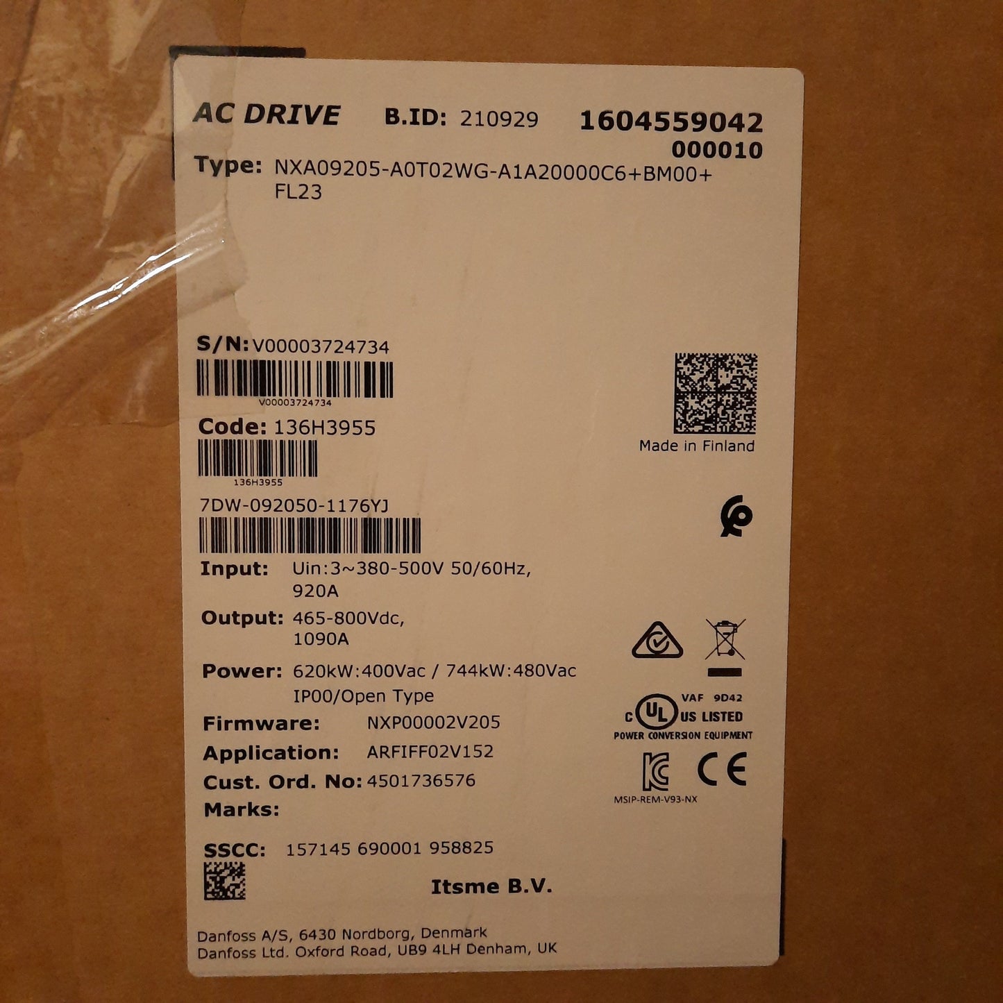 New Danfoss 136H3955 Vacon NX VFD 3Ø 380-500VAC 920A In, 465-800VDC 1090A Out, 620kW