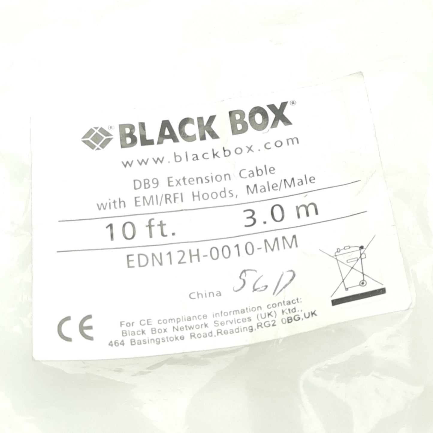 New Black Box EDN12H-0010-MM RS-232 Cable, DB9 Male to Male, 3 Meters Length