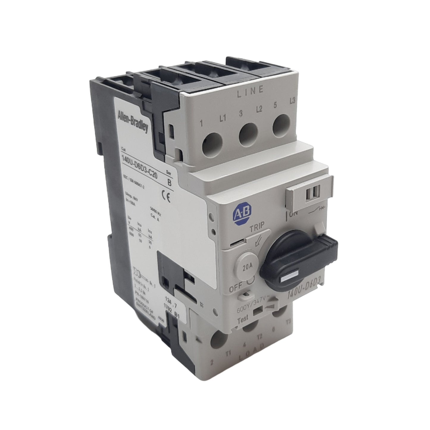 New Allen Bradley 140U-D6D3-C20 Circuit Breaker, 3-P, 600Y/347VAC 20A, D-Frame