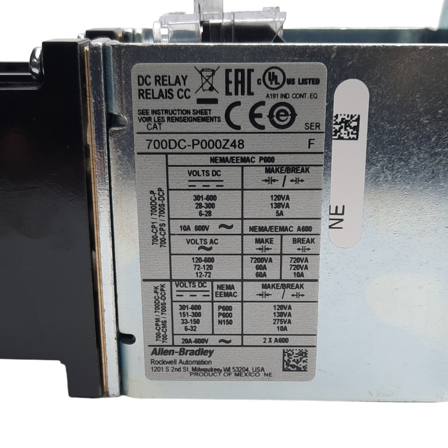 New Allen Bradley 700DC-P000Z48 Control Relay, 4-Pole, 48VDC Coil, 600V 20A Max