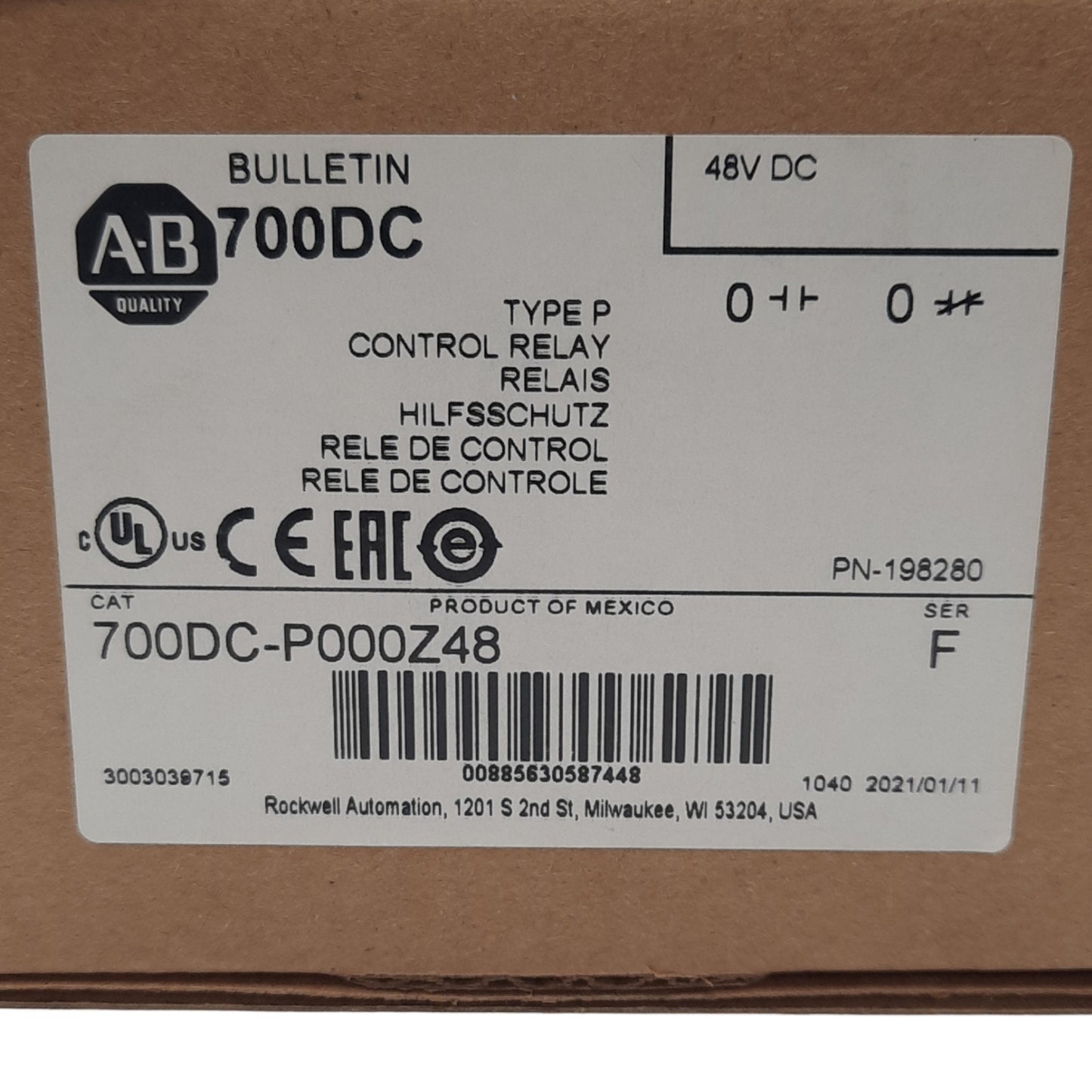 New Allen Bradley 700DC-P000Z48 Control Relay, 4-Pole, 48VDC Coil, 600V 20A Max