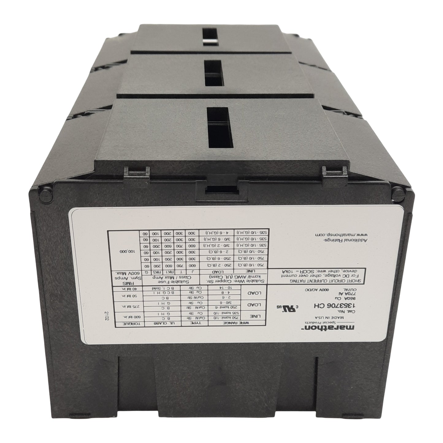 New Marathon 1353706CH Power Distribution Terminal Block w/ Cover, 3-Pole, 600V 950A