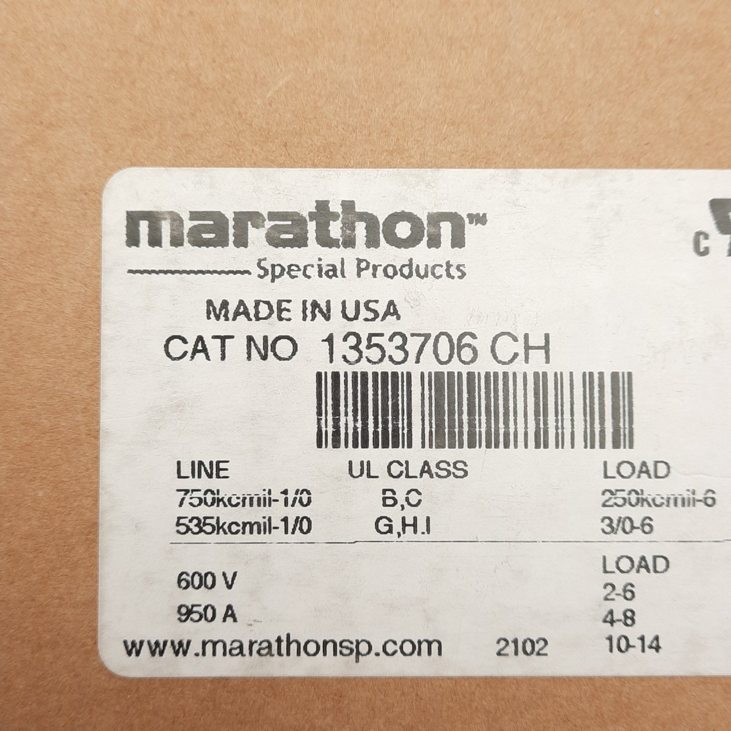 New Marathon 1353706CH Power Distribution Terminal Block w/ Cover, 3-Pole, 600V 950A