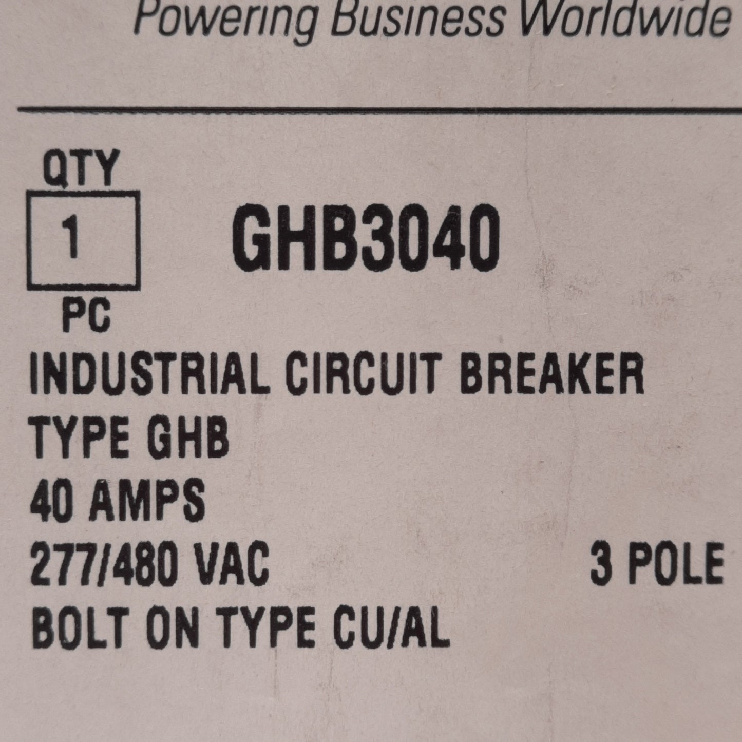 New Eaton GHB3040 Molded Case Circuit Breaker, 3-Pole, 40A, 480Y/277VAC 125/250VDC