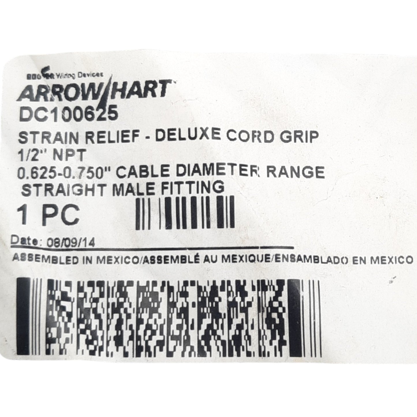 New Eaton DC100625 Strain Relief Cord Grip, 1/2in NPT, Male, ø0.63-0.75in Cord