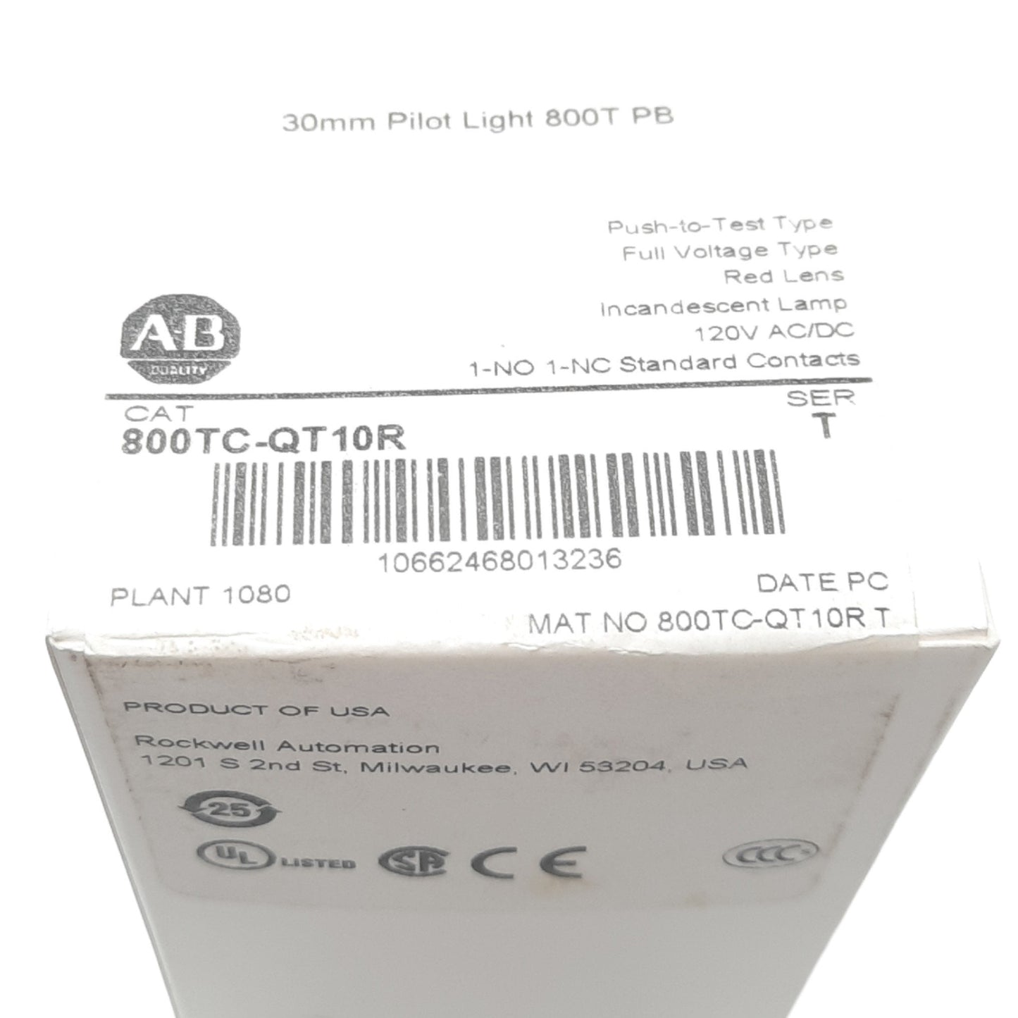 New Allen Bradley 800TC-QT10R Push/Test Pilot Light, 30mm, Red, 120VAC/DC, 1 NO 1 NC