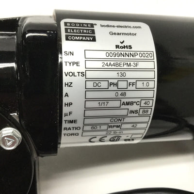 Used Bodine Electric 24A4BEPM-3F Gearmotor, 130VDC, 60:1, 42RPM, 1/17 HP, 22 lb-in