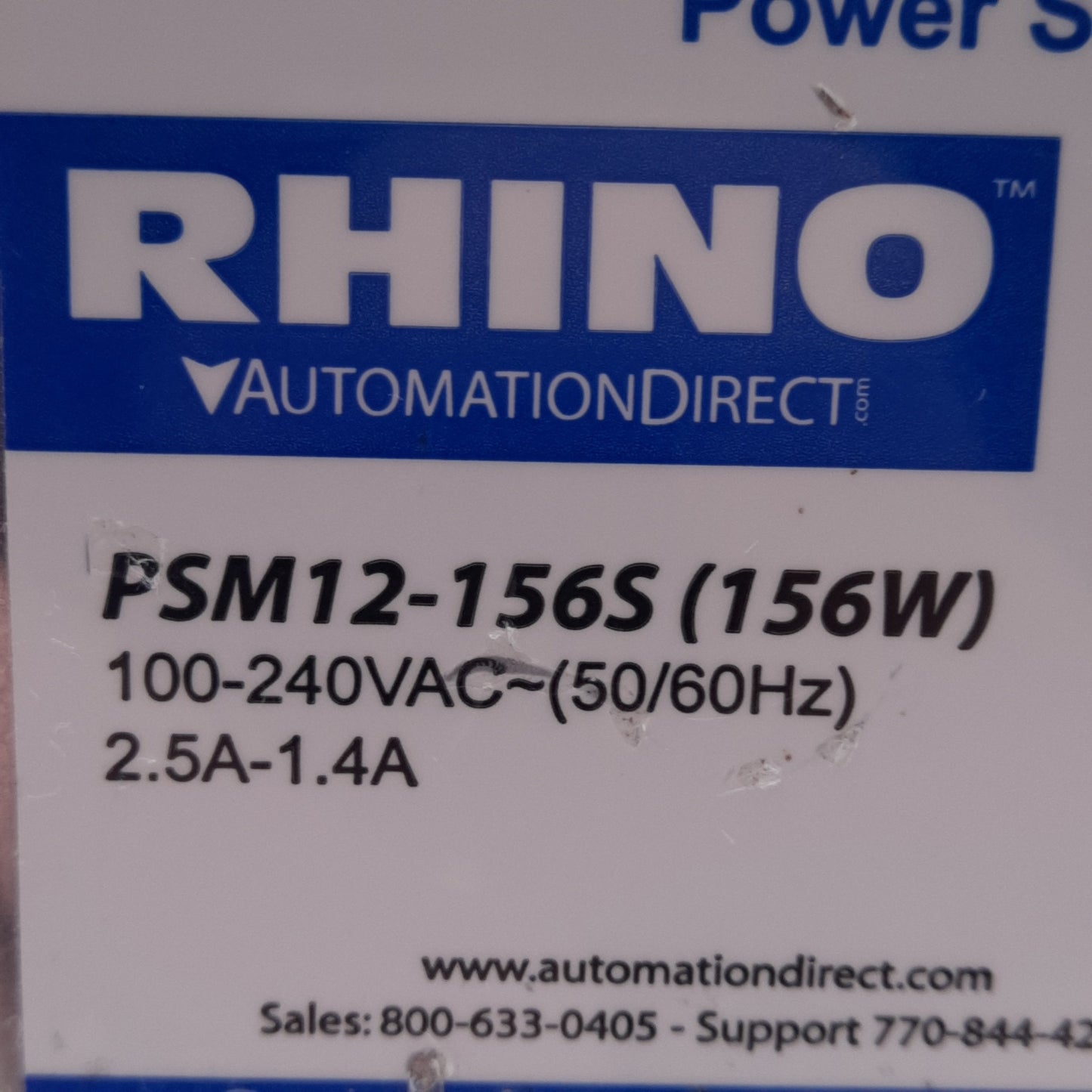 Used Rhino PSM12-156S Power Supply, 100-240VAC 2.5-1.4A Input, 12VDC 13A 156W Output