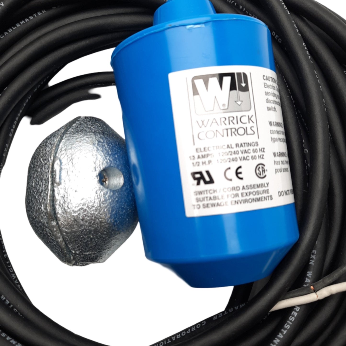 New Gems MBLU40W Warrick Mechanical Tilt Float Switch, SPST NO, 40ft, Weight Tether