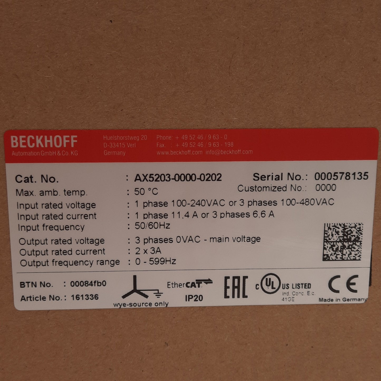 New Beckhoff AX5203-0000-0202 Servo Drive 3Ø 100-480VAC In, 0-480VAC 3A 0-599Hz Out