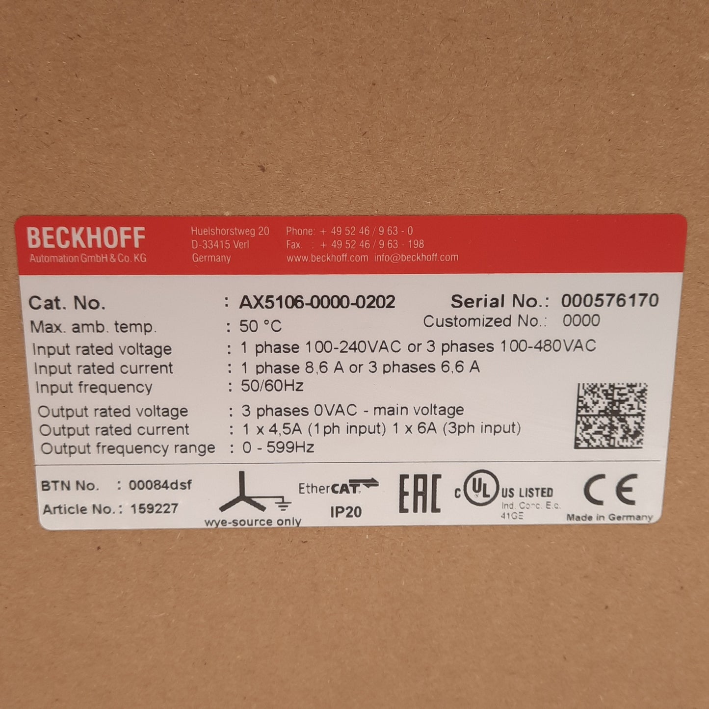 New Beckhoff AX5106-0000-0202 Servo Drive 3Ø 100-480VAC In, 0-480VAC 6A 0-599Hz Out