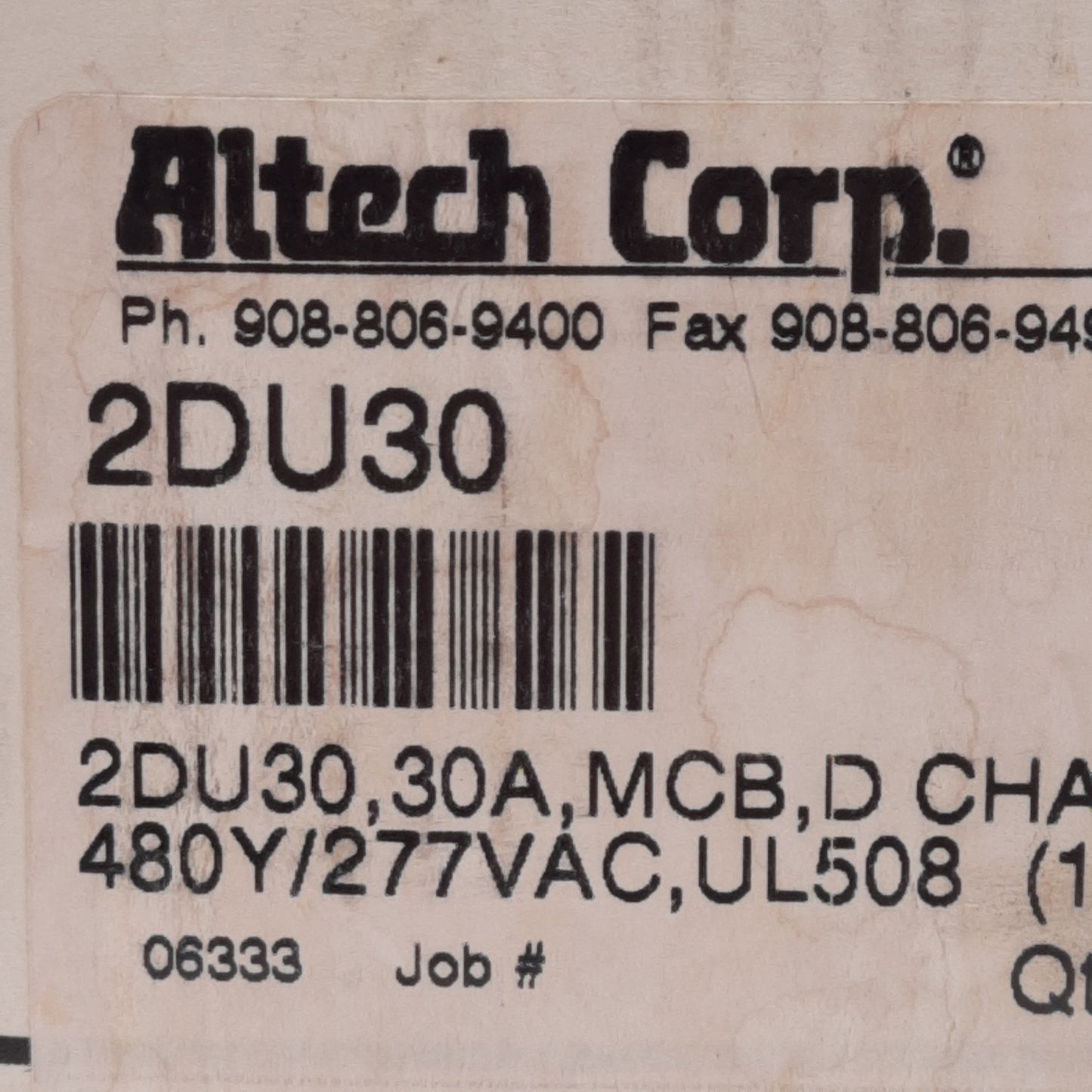 New Altech 2DU30 Circuit Breaker, D-Curve, 2-Pole, 30A, 480Y/277VAC, DIN Rail