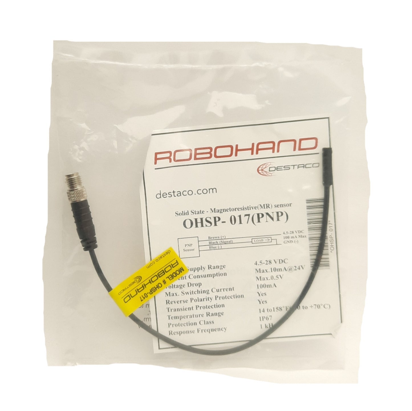 New Robohand OHSP-017(PNP) Destaco Proximity Sensor, 4.5-28VDC, PNP Output, M8 3-Pin
