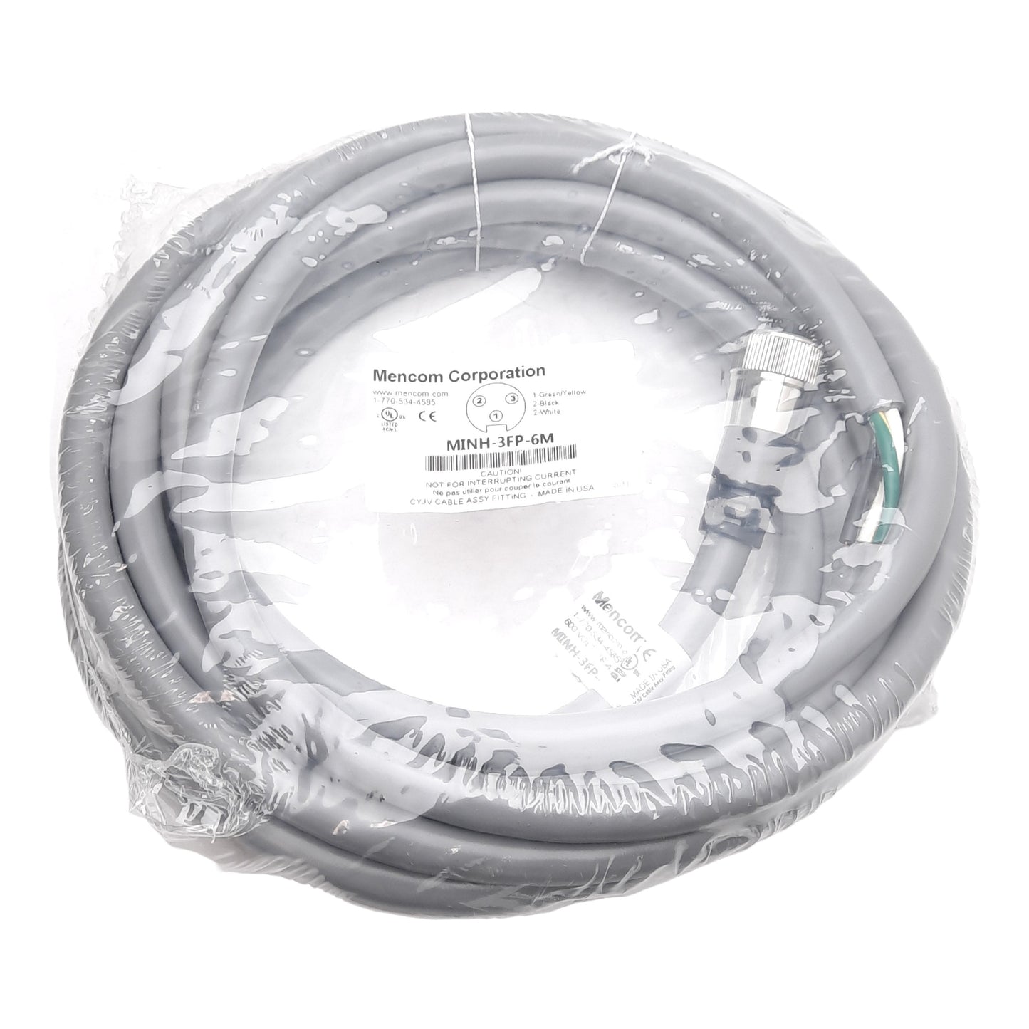 New Mencom MINH-3FP-6M Cordset, 3-Pin 7/8-16UN2 Female to Flying Leads, 600V 18A, 6m