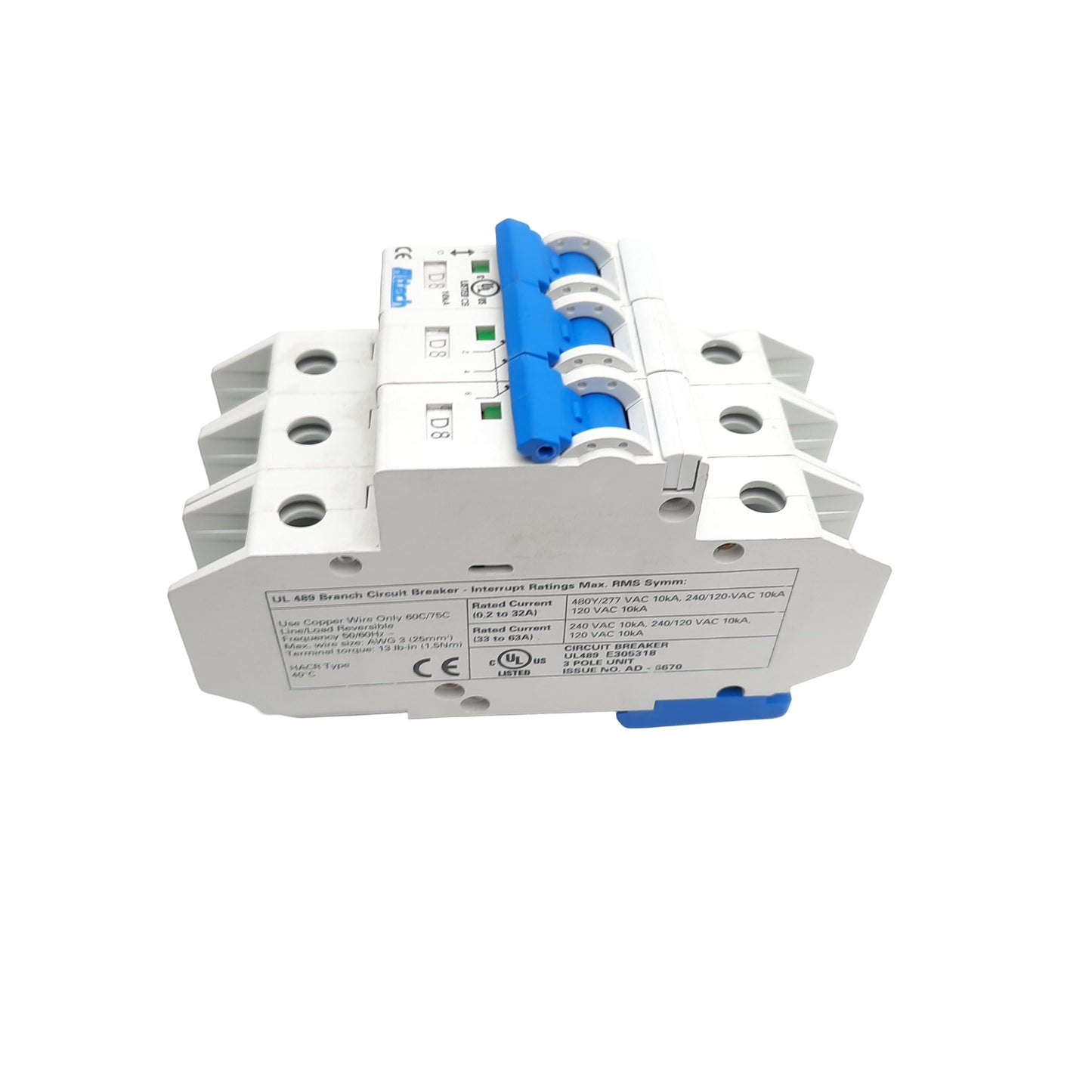New Altech Corp 3DU8L Circuit Breaker 3 Pole, 277VAC, DIN Rail, 8A, E305318