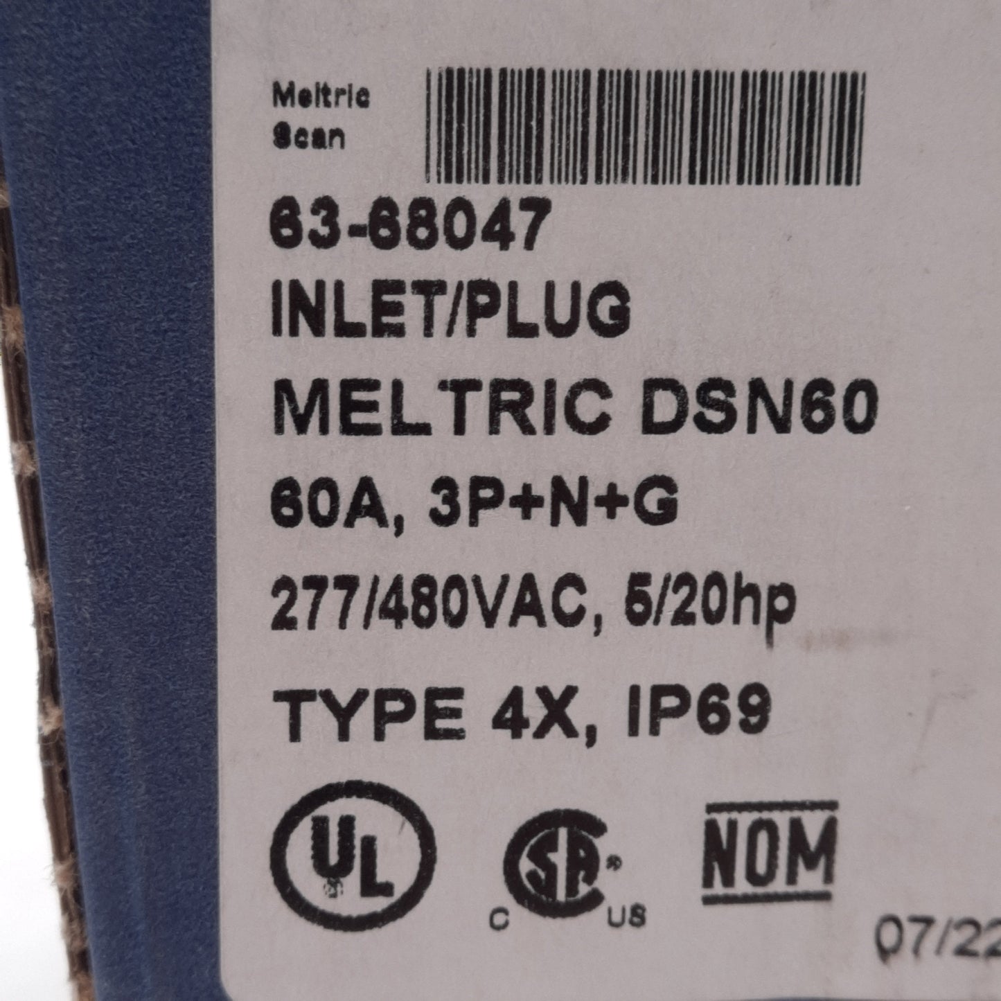 New Meltric 63-68047 DSN60 Inlet/Plug, 3P+N+G, 3-Phase 480Y/277VAC 60A, 20/5HP