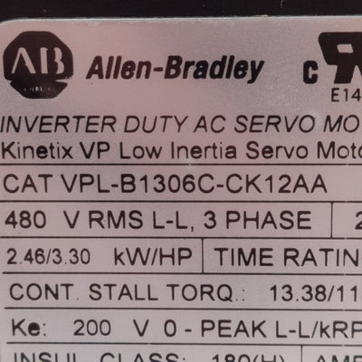 Used Allen Bradley VPL-B1306C-CK12AA Servo Motor, 3Ø 480VAC, 2.46kW, 130mm Frame