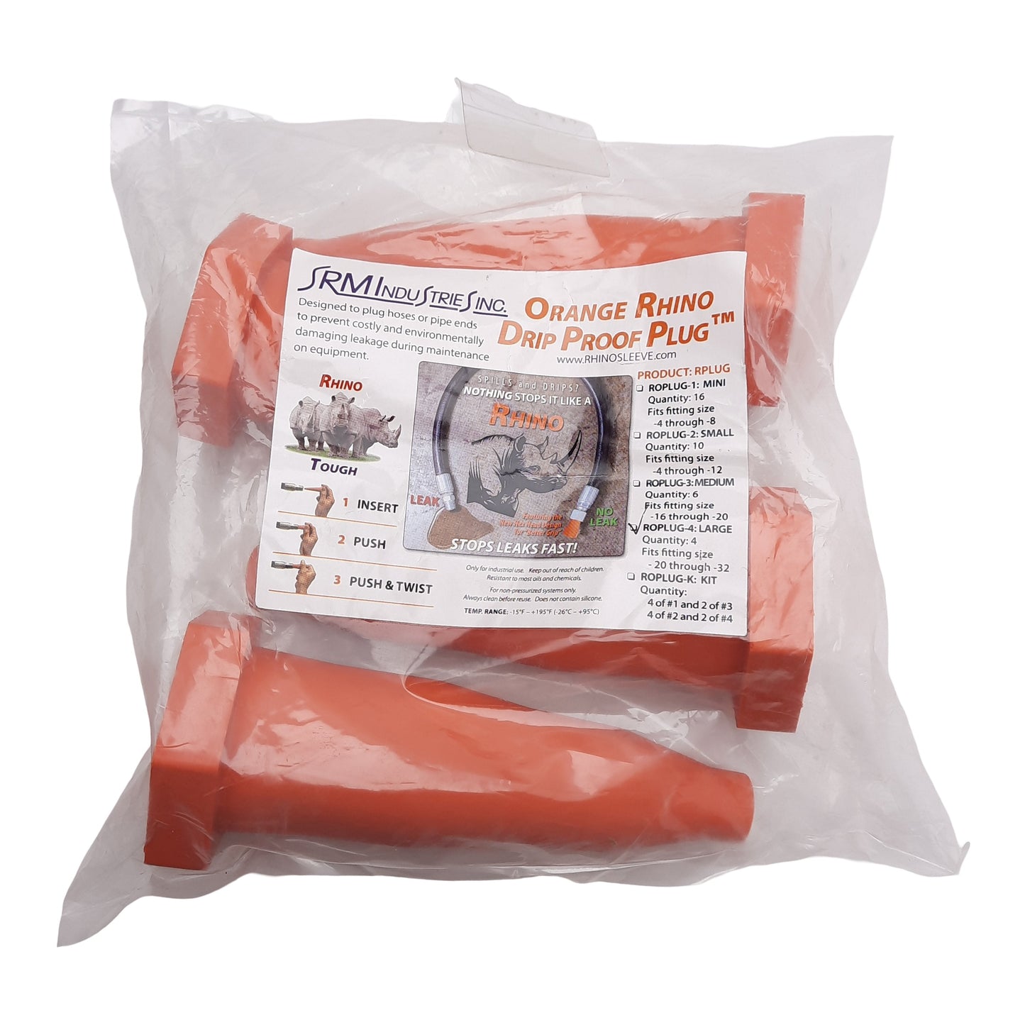 New Bag of 4 SRM Industries ROPLUG-4 Orange Rhino Drip Proof Plug, Dash -20 to -30