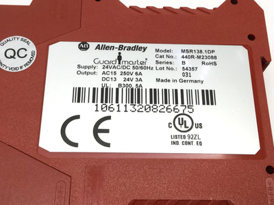 Used Allen Bradley MSR138.1DP Guardmaster Safety Relay w/Delayed Outputs 24V AC/DC
