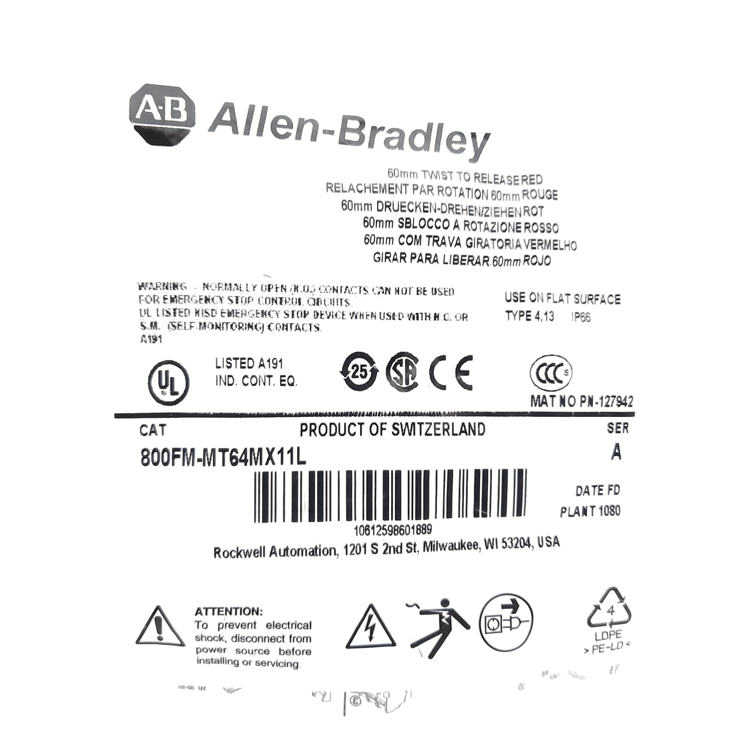 New Allen Bradley 800FM-MT64MX11L Push Button E-Stop 1 NCLB, 1 NO, 22.5mm Mounting