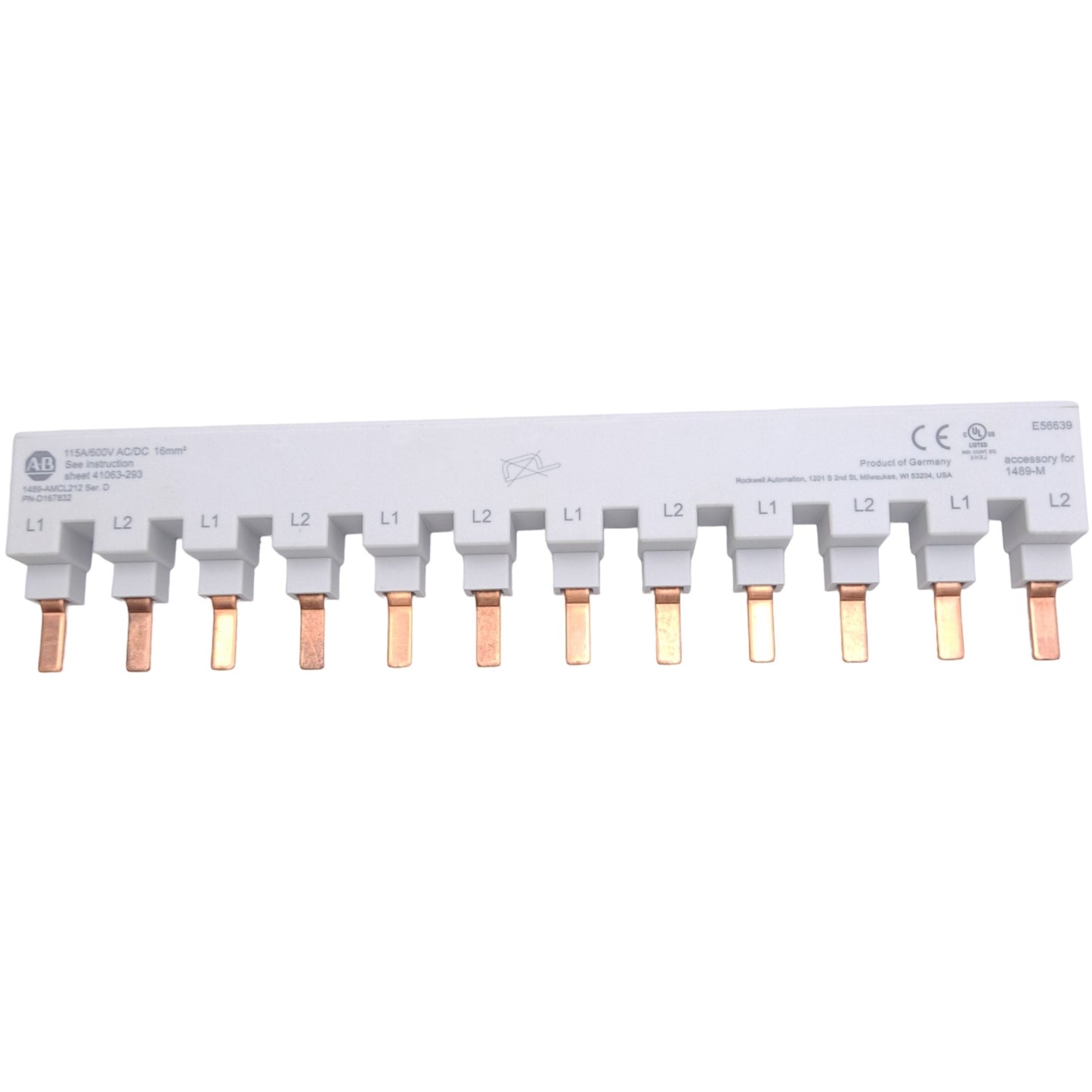 New Allen Bradley 1489-AMCL212 D167832 MCB Bus Bar, 2-Phase 12-Pin, 600V AC/DC, 115A