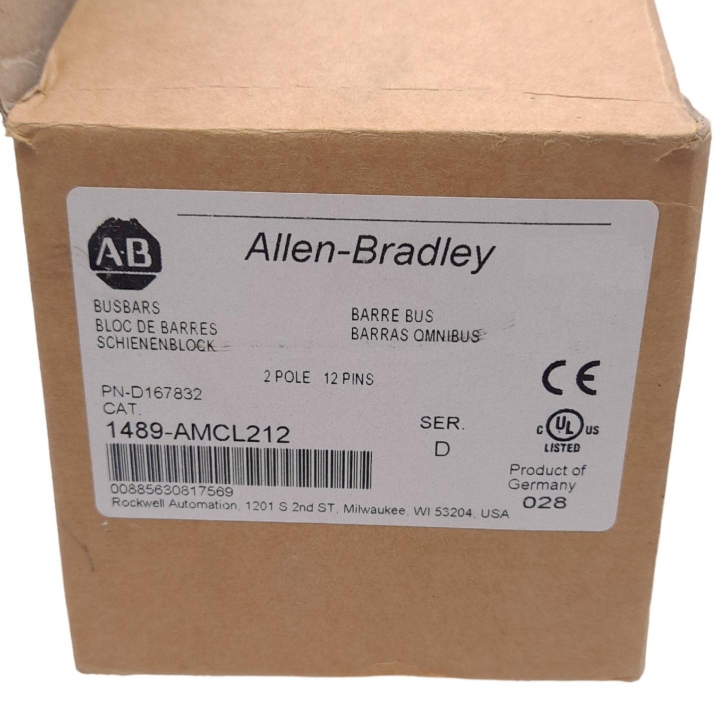 New Allen Bradley 1489-AMCL212 D167832 MCB Bus Bar, 2-Phase 12-Pin, 600V AC/DC, 115A
