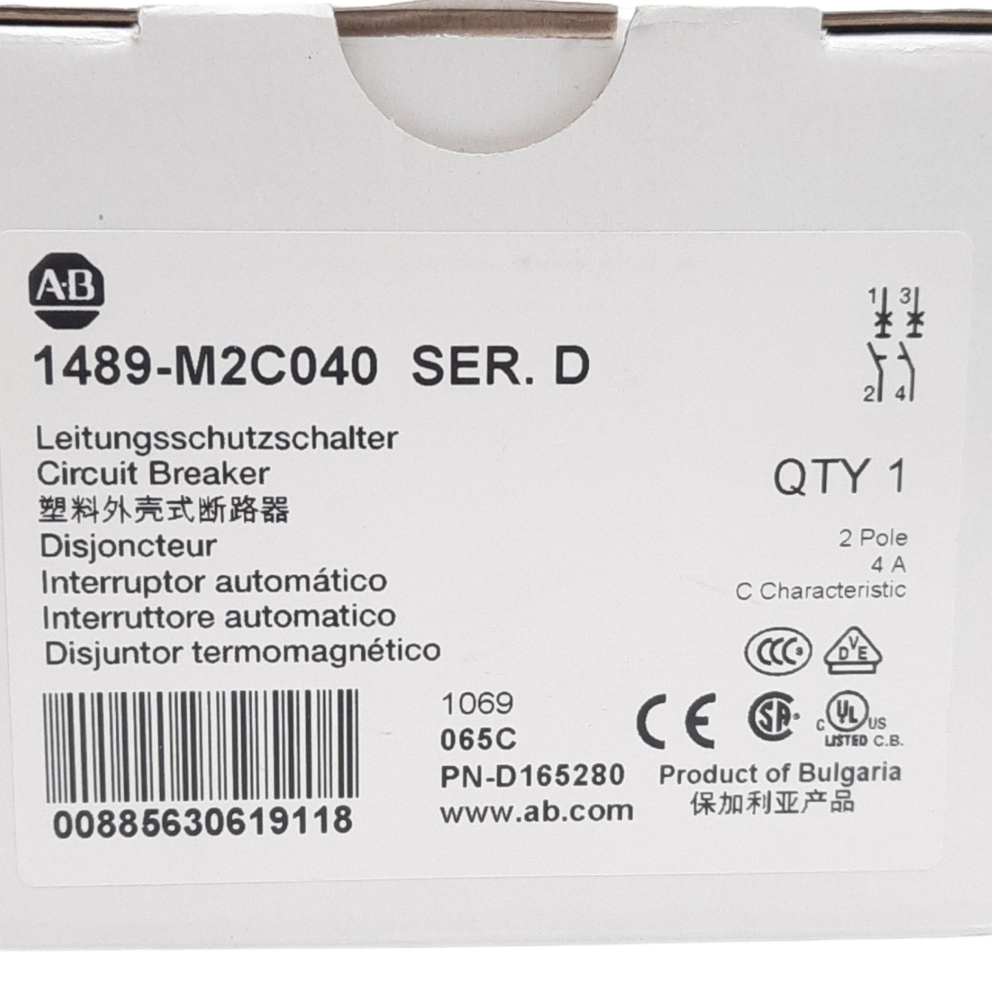 New Allen Bradley 1489-M2C040 Circuit Breaker, 480Y/277V AC, 96V DC, 4A, 2-Pole