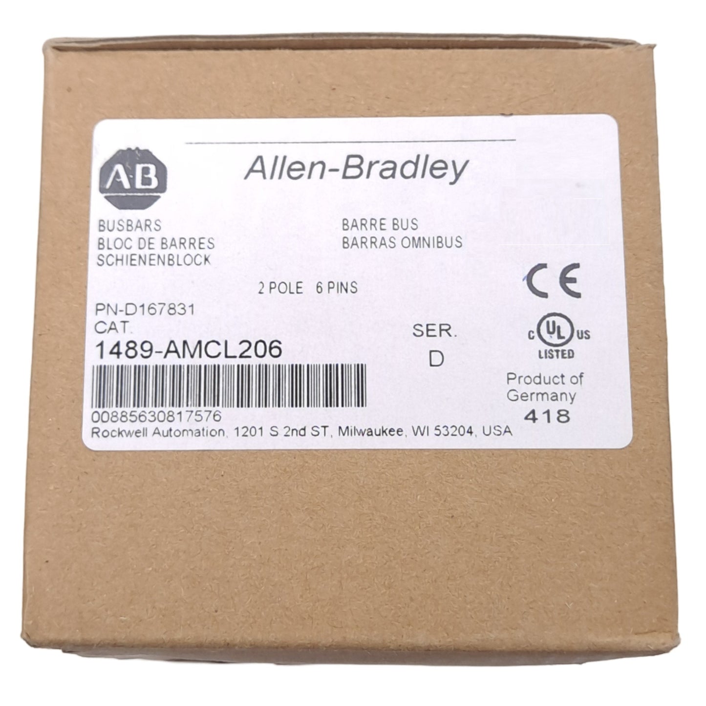 New Allen Bradley 1489-AMCL206 D167831 MCB Bus Bar, 2-Phase 6-Pin, 600V AC/DC, 115A