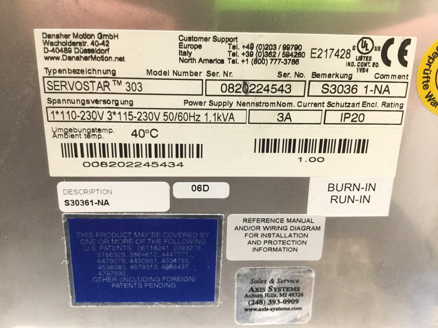 Used Kollmorgen CP303250 Servostar SP Servo Drive Out: 115/230VAC In: ?1/3 115/230VAC