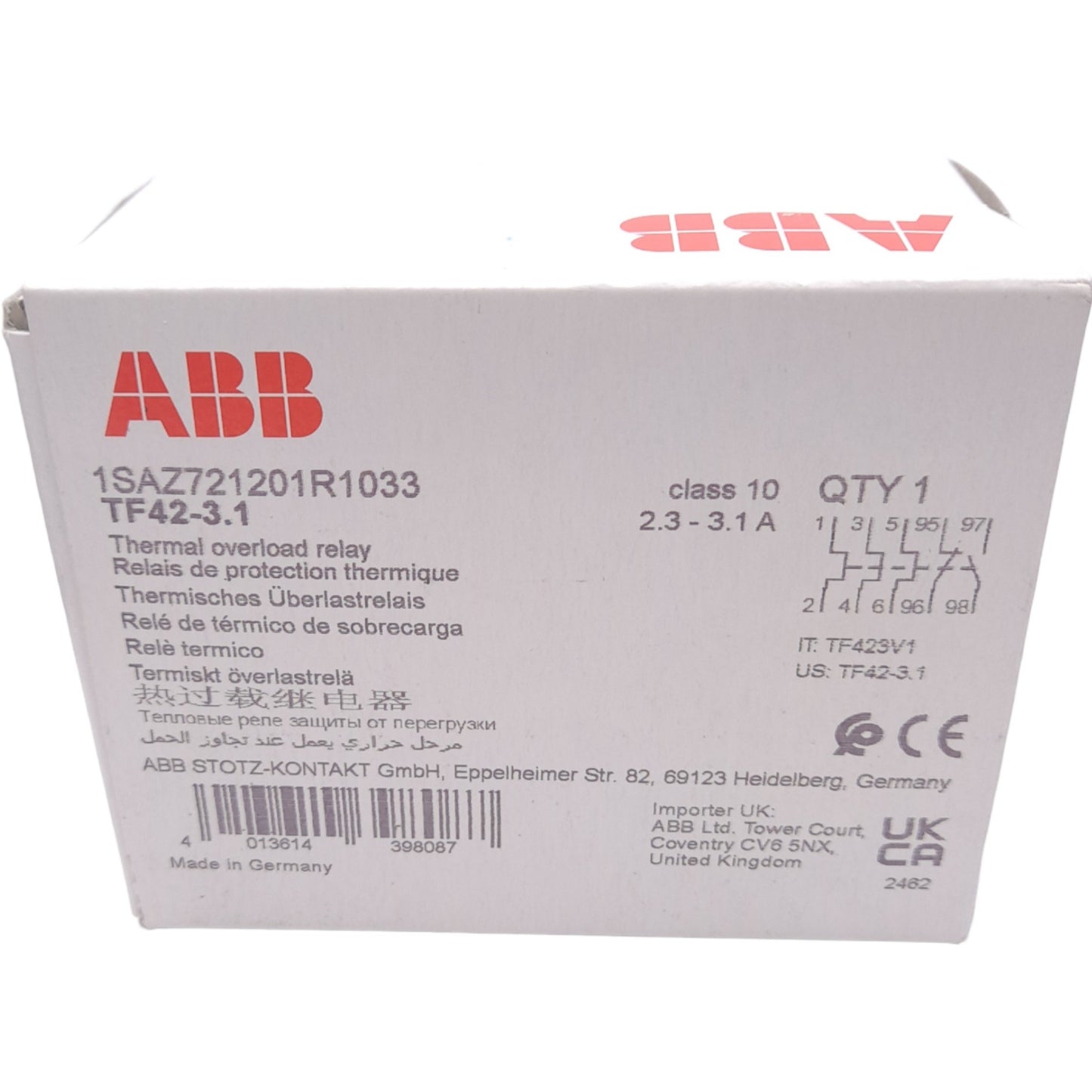 New ABB TF42-3.1 Thermal Overload Relay for AF Contactors, 3-Pole, 2.3-3.1A, 600V