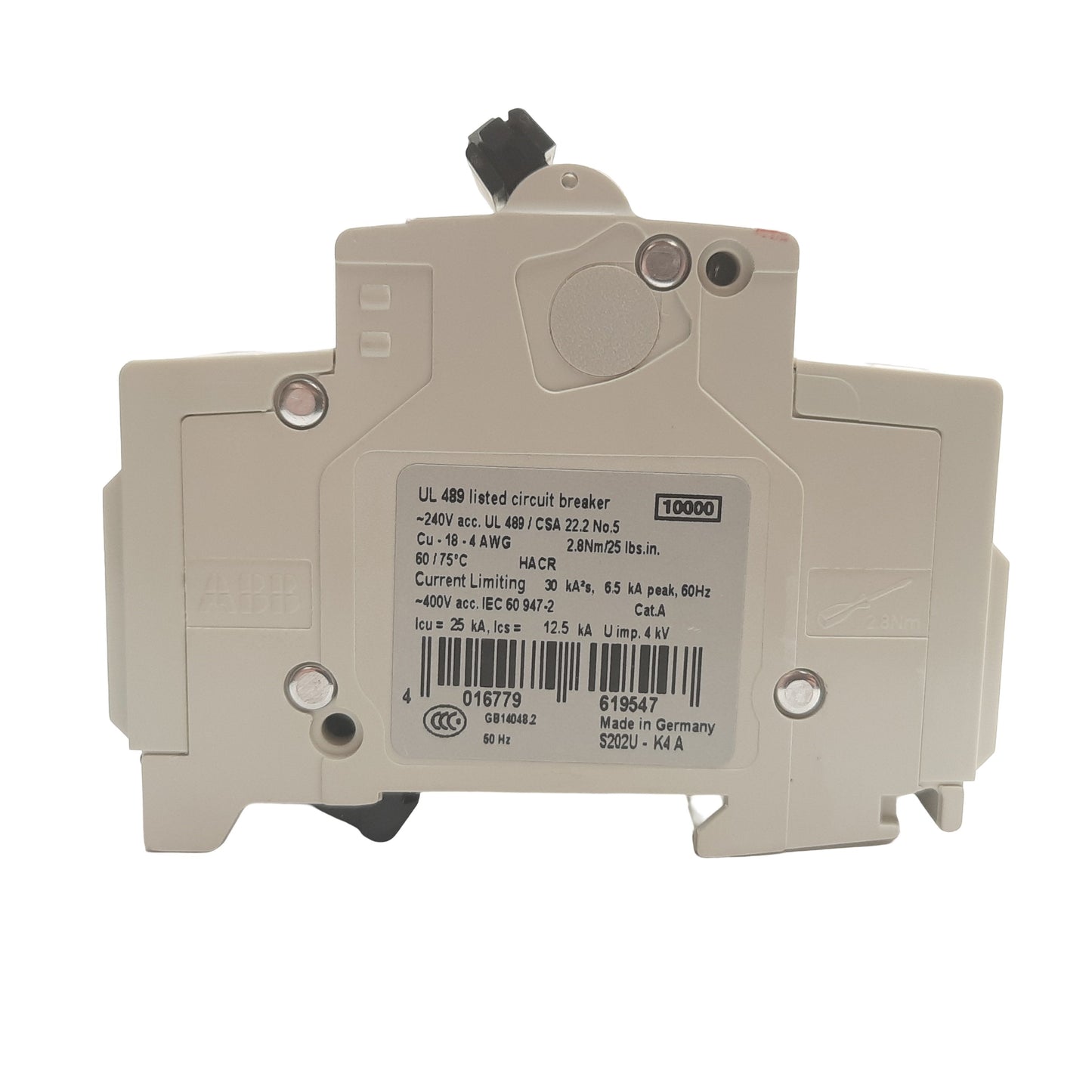 New ABB S202U-K4A Circuit Breaker, 2 Pole, 240VAC 50/60 Hz, K Curve, DIN Rail Mount
