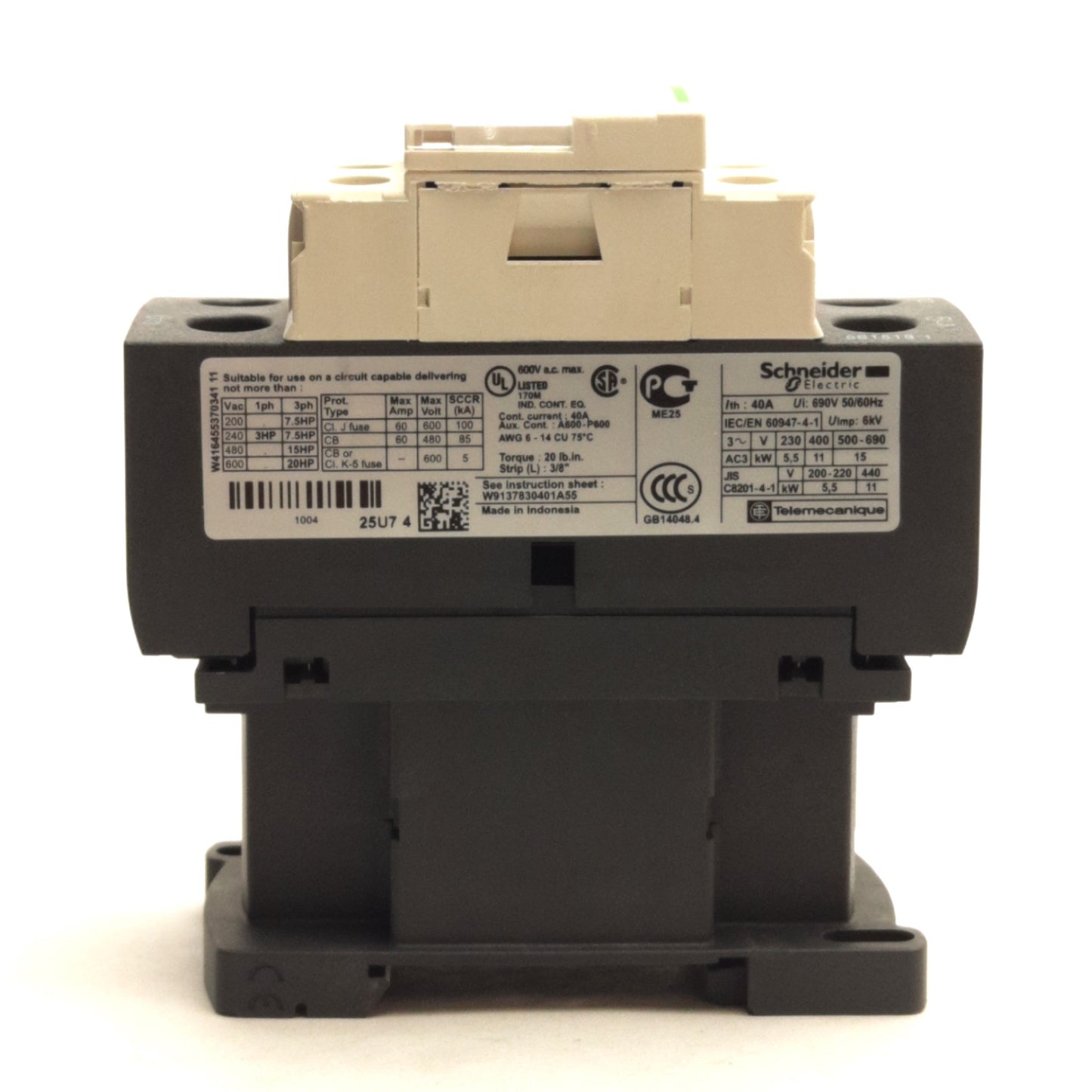 Used Schneider Electric LC1D25 Motor Contactor, 3PST-NO, 600VAC 40A, 230/240VAC Coil