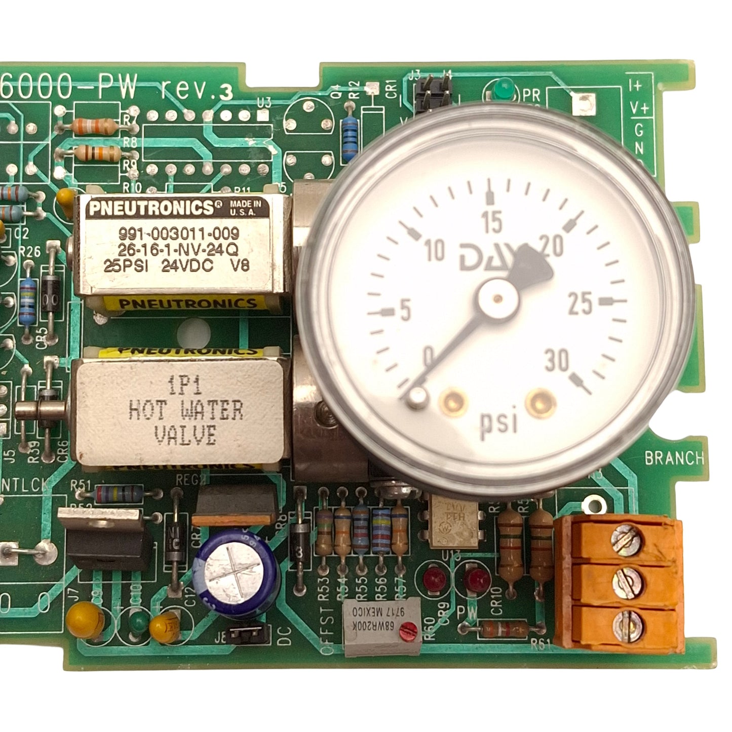 Used Day Control Products UPT-6000-PW Rev 3 Circuit Board, 25PSI Solenoid, 24VDC Coil