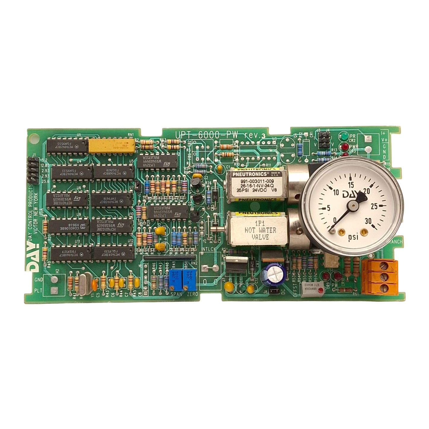 Used Day Control Products UPT-6000-PW Rev 3 Circuit Board, 25PSI Solenoid, 24VDC Coil