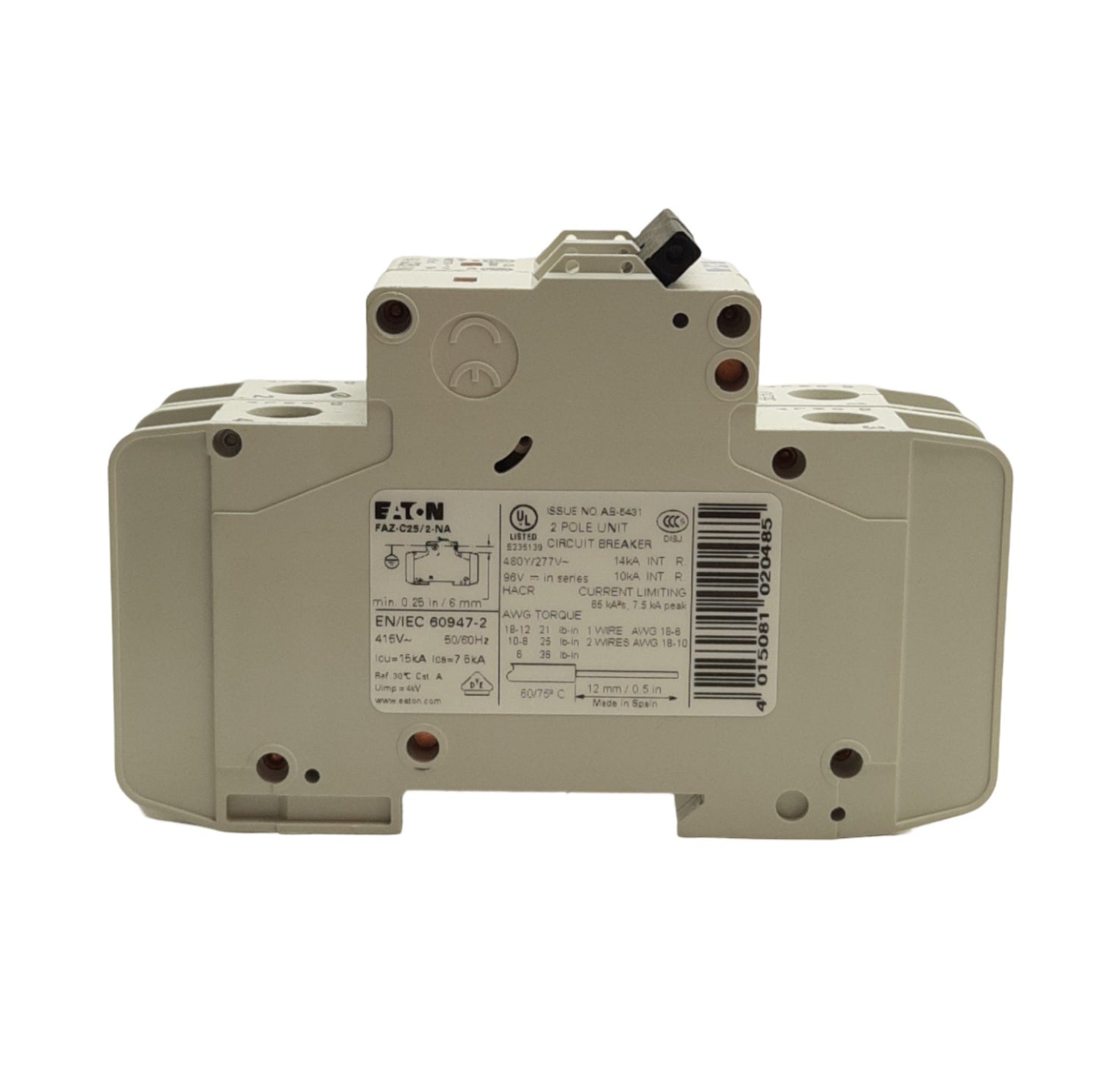 Used Eaton FAZ-C25/2-NA Circuit Breaker, 2-Poles, 480Y/277VAC 48VDC, 25A