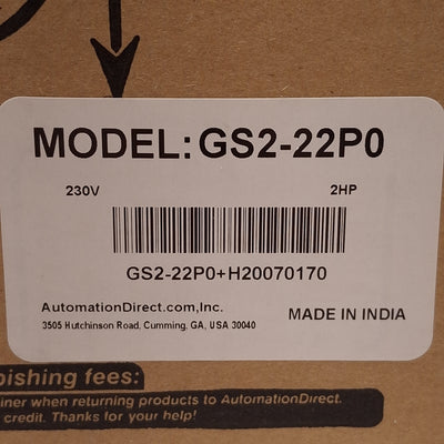 New Automation Direct GS2-22P0 AC Drive 1/3Ø 200-240VAC In, 3Ø 240VAC 2HP 400Hz Out