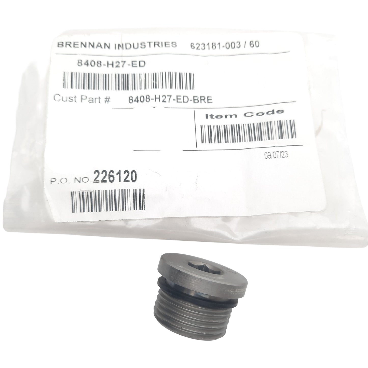 New Brennan 8408-H27-ED Hollow Hex Male ED Plug 26mm OD, M27x2.0, 4565 PSI, 21mm OAL