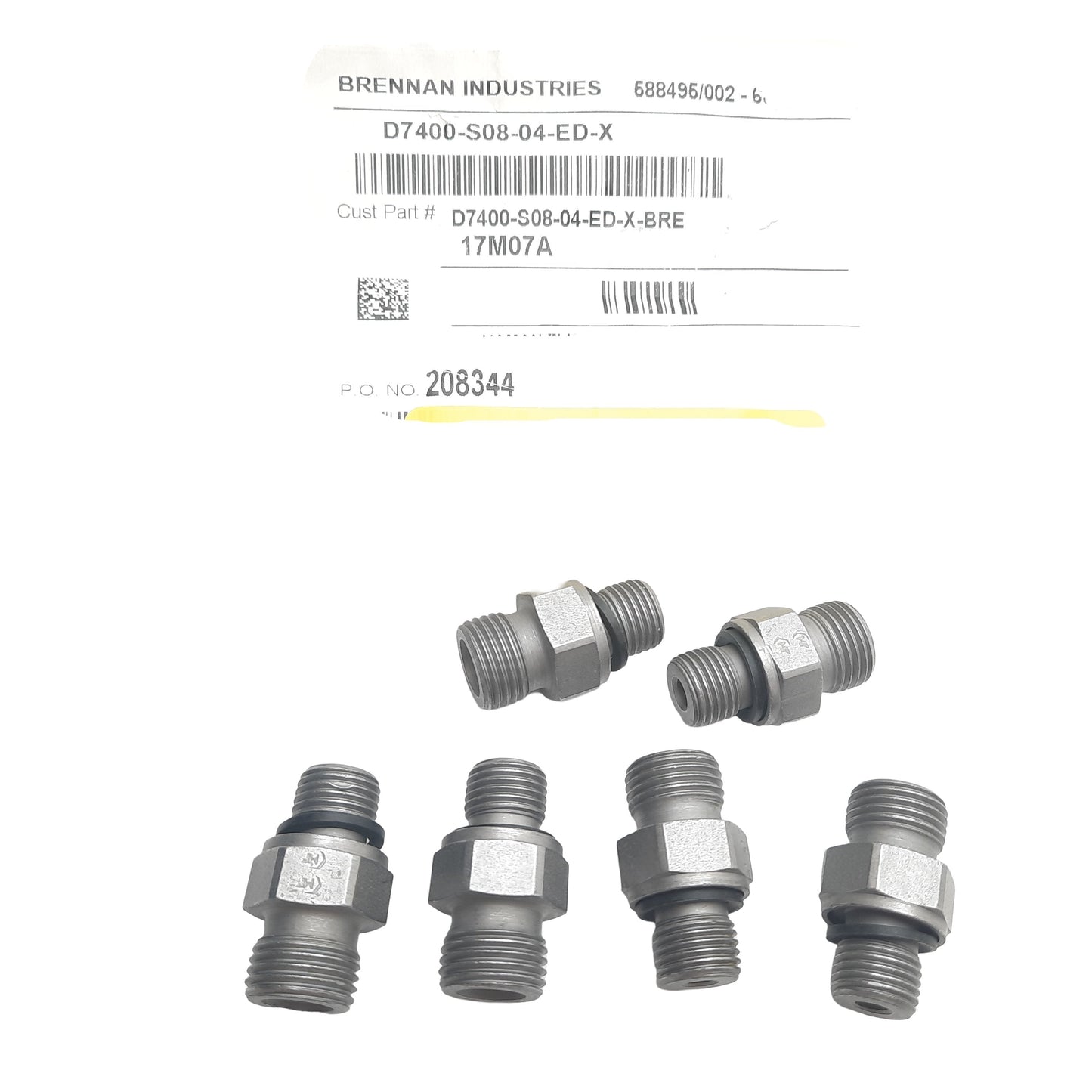 New Lot of 6 Brennan D7400-S08-04-ED-X DIN Fittings, M16x1.5 To 1/4" BSPP, 630 bar