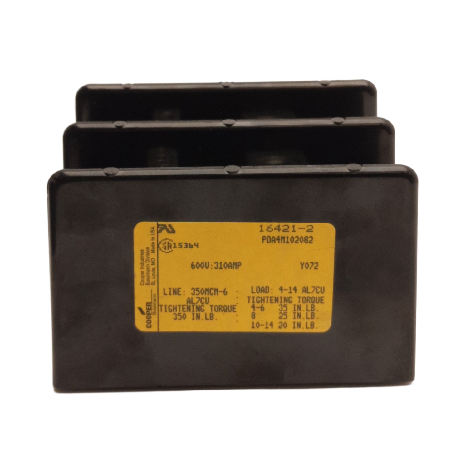 Used Cooper Bussman 16421-2 Power Distribution Block, 2-Pole, 1x6, 600V 310A