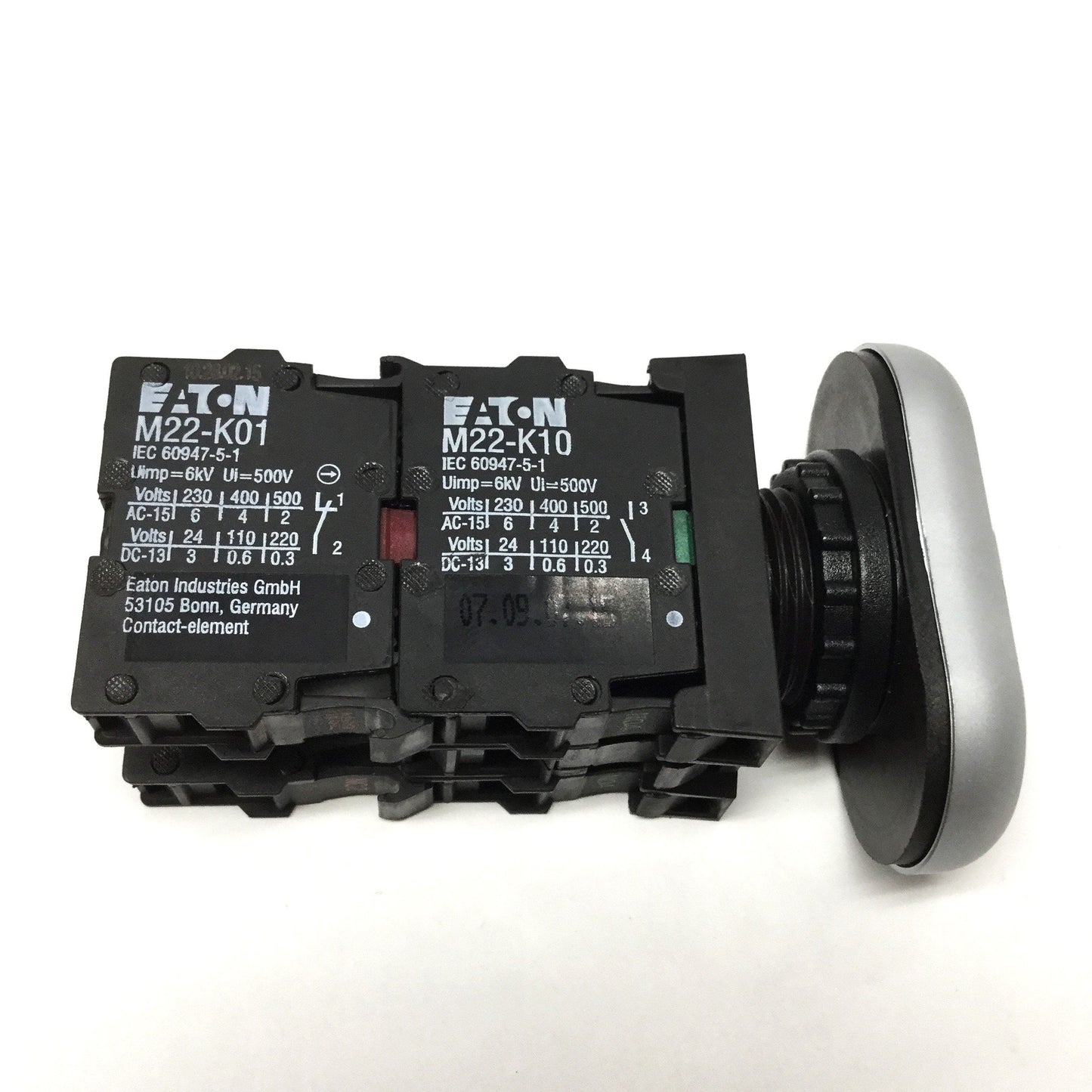 Used Eaton M22-DDL-S-X7/X7 Double Arrow Actuator Pushbutton, LED, Momentary, 2NO-2NC
