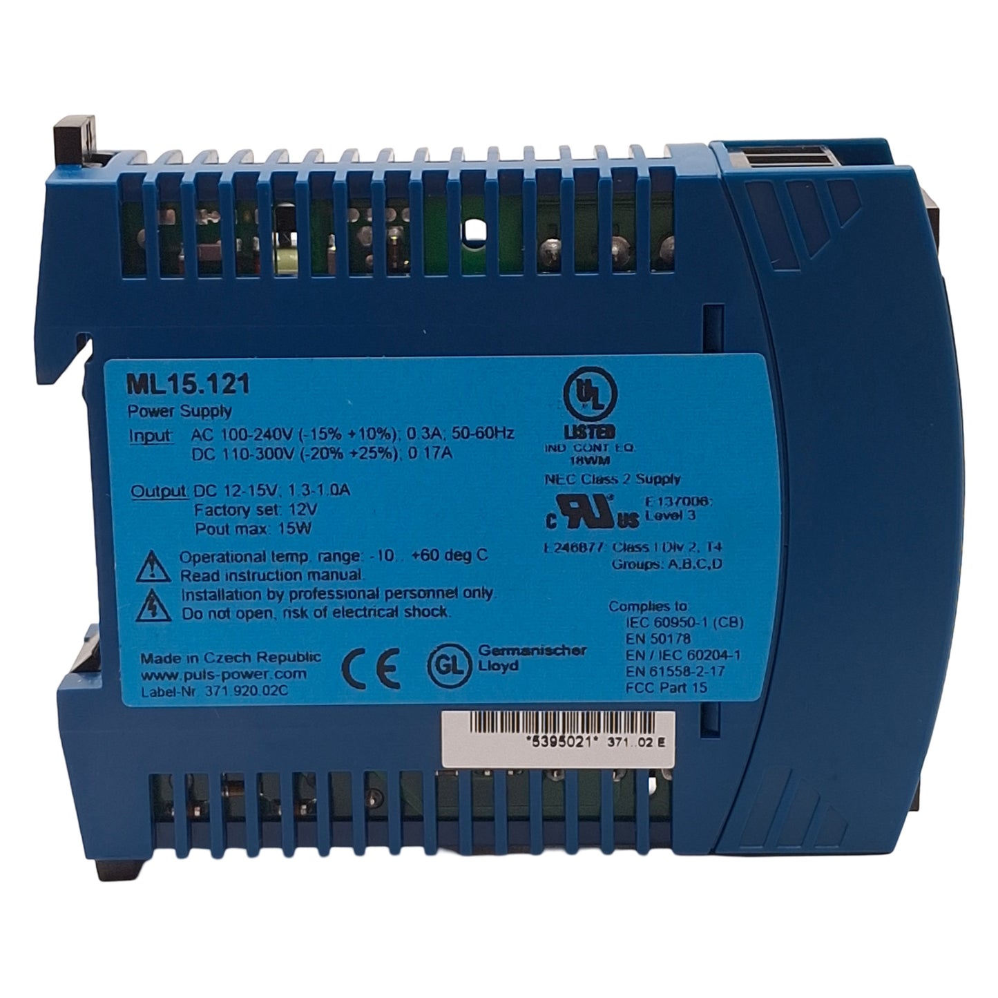 Used PULS ML15.121 PLC Power Supply, 100-240VAC / 110-300VDC In, 12-15VDC Out, 15W
