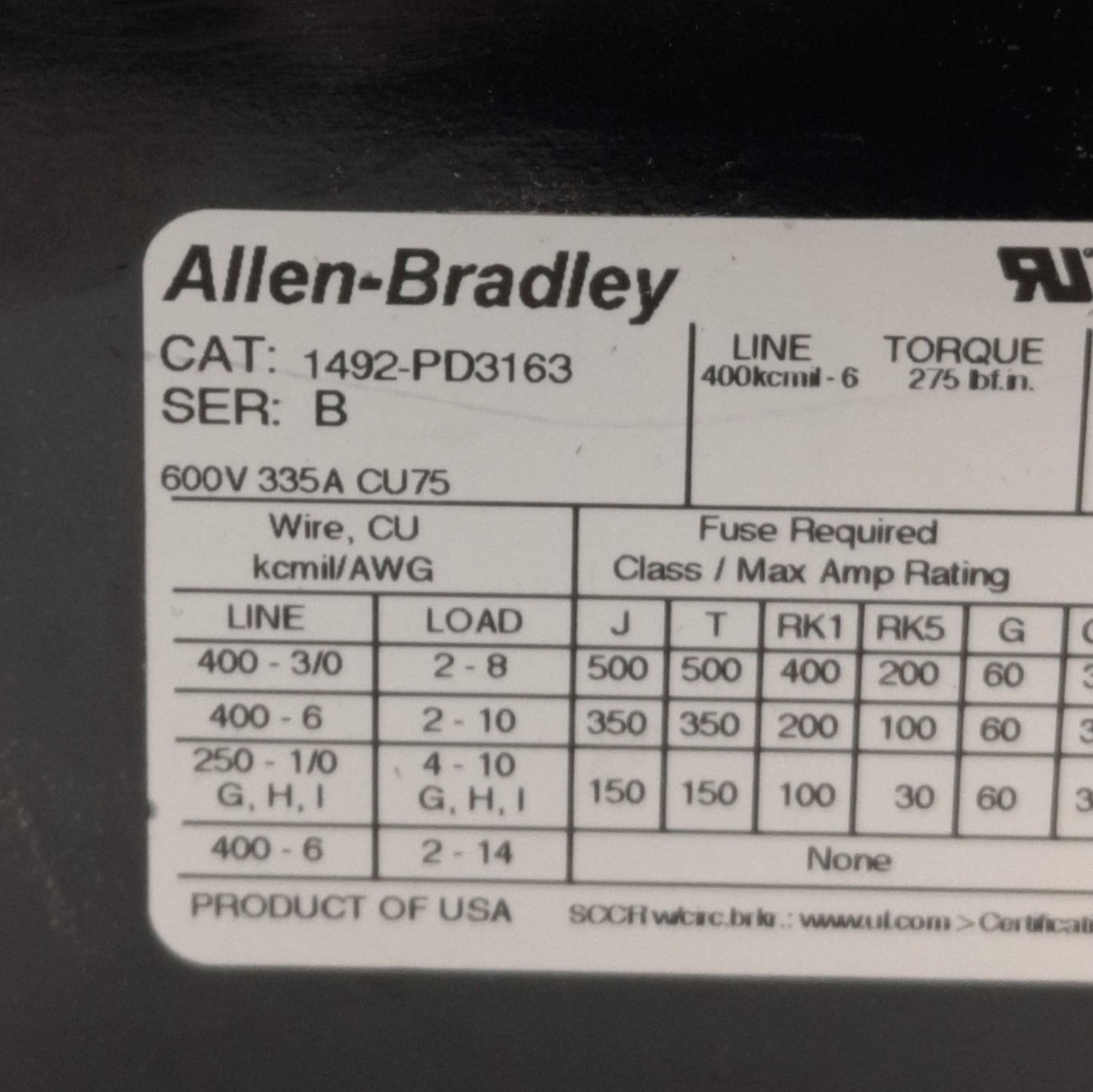 New Allen Bradley 1492-PD3163 Power Distribution Block 3P 1x6 Line/Load, 600V 335A