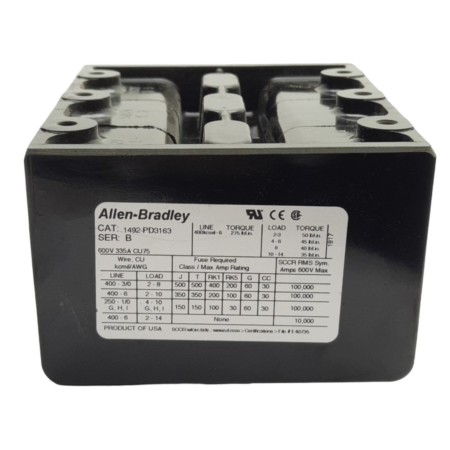 New Allen Bradley 1492-PD3163 Power Distribution Block 3P 1x6 Line/Load, 600V 335A
