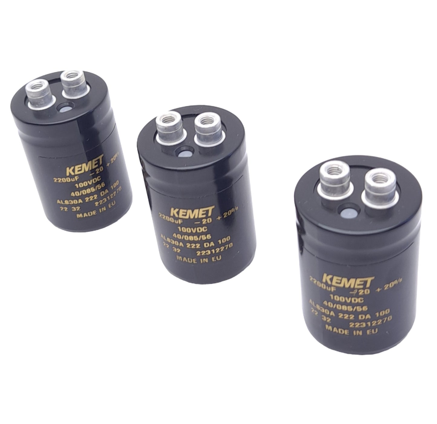 New Lot of 3 Kemet ALS30A222DA100 Electrolytic Capacitors, 2200µF, 100VDC, ø36mm