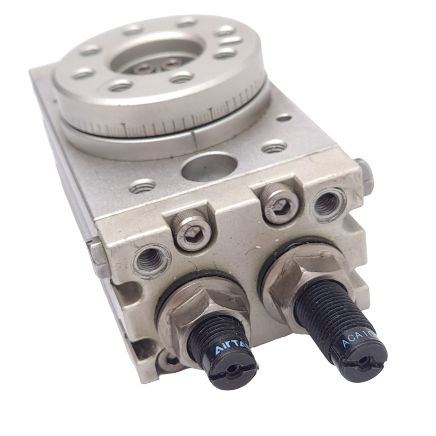 Used Bimba MHRQ10-A Pneumatic Rotary Actuator w/ Shock Absorber, 190°, M5x0.8, 1.0MPa