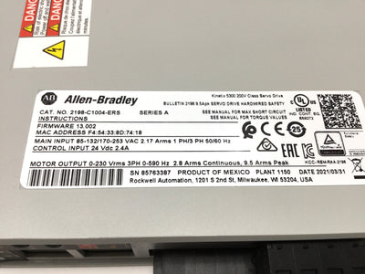 Used Allen Bradley 2198-C1004-ERS Kinetix 5300 Servo Drive, 1-Axis, 115/230VAC 1/3PH