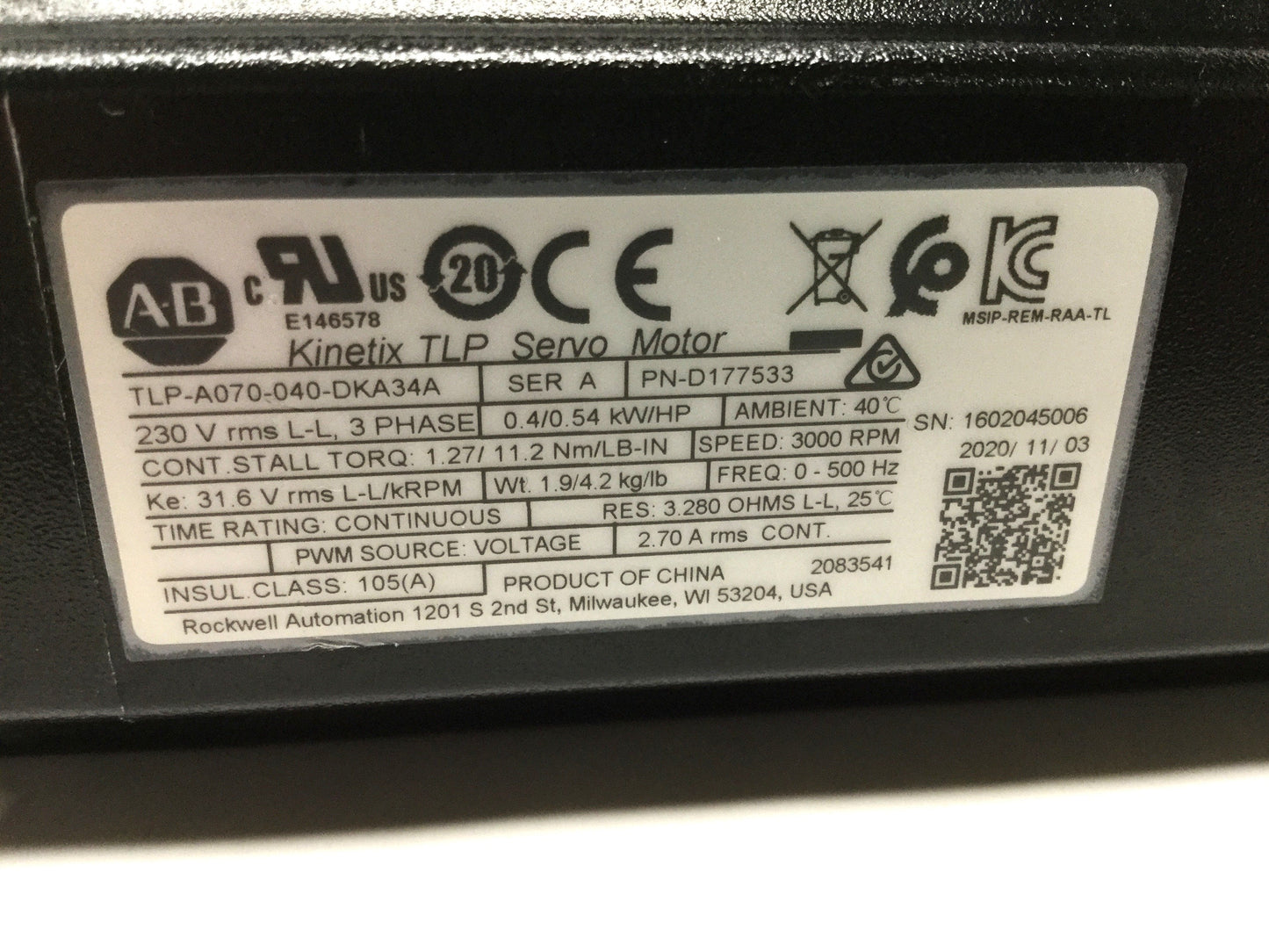 Used Allen Bradley TLP-A070-040-DKA34A Kinetix Servo Motor, 3Ø 230VAC, 0.4kW w/Brake